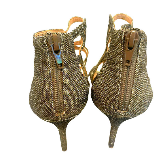 NINA Gold Sparkle Strappy Cage Zip Open-Toe Cocktail Wedding Heels - Picture 3 of 12